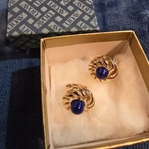 Vintage Avon Royal Azura clipon gold-tone swirl w/ blue faux-lapis cabochon NIB!